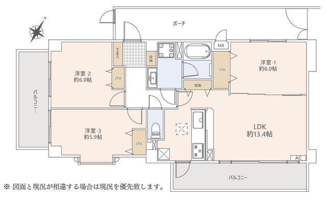 間取図/区画図:【新規内装リフォーム済で即内覧できます!最上階6階・南東向き3方角部屋】2024年2~6月大規模修繕工事実施済みつきみ野駅・中央林間駅まで徒歩圏内