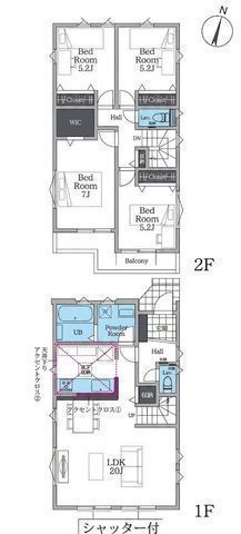 間取図/区画図:【モデルハウスございます!広々20帖LDKが魅力のゆとりある4LDK】高座渋谷駅、長後駅とも徒歩圏内カースペース2台可アクセントクロス等こだわり内装