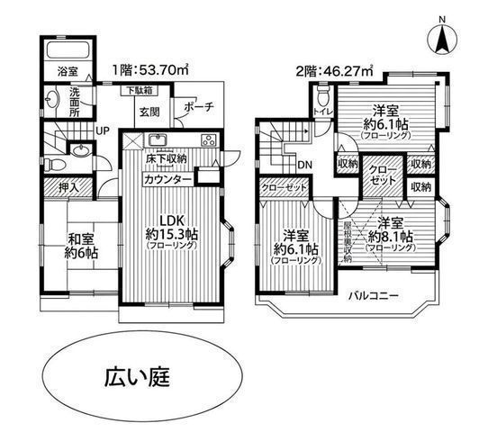 間取図/区画図:【空室のため即内覧できます!角地で開放感・陽当たり通風眺望良好な4LDK】敷地44.8坪以上、南向き広いお庭付き駐車場増設スペースあり人が立てる約6畳の屋根裏収納やWICなど収納豊富