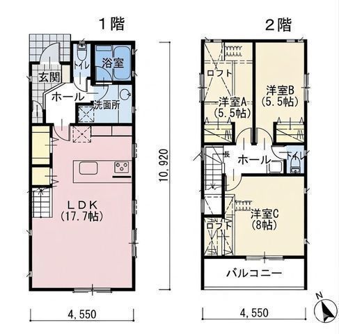 間取図/区画図:【完成済みのため即内覧できます!17.7帖の広々LDK。2ロフト付き新築3LDK】南向きのお庭とバルコニーで陽当たり良好綾瀬スマートインター至近閑静な住宅地