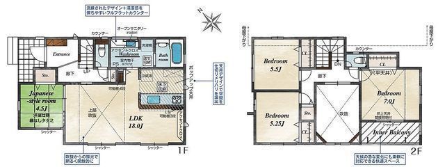 間取図/区画図:【即内覧できるモデルハウスございます！敷地49坪、駐車場並列3台可能！】安心の耐震構造住宅、性能評価書付！上部吹き抜けのLDK18帖、主寝室7帖！