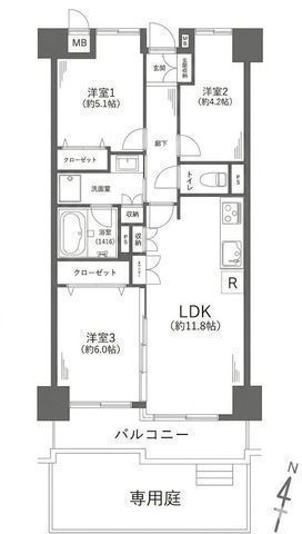 間取図/区画図:【水回り一新!R8.7月新規内装リフォーム完了予定3LDK】階下なし!1階部分、南向き専用庭付きペット飼育可(犬猫2頭を限度)浴室サイズアップ!