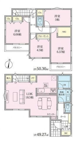 間取図/区画図:【完成済み、即内覧できます!並列駐車場2台可!LDK18.5帖の大空間】全室南向きで陽当たり良好SIC、WIC、パントリー完備静かで落ち着いた住宅地