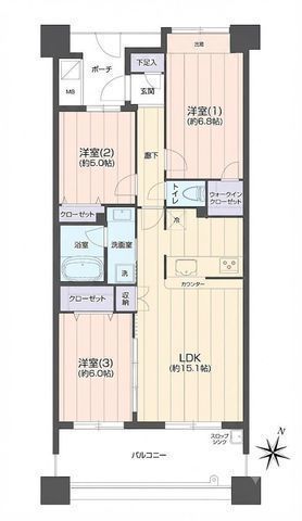 間取図/区画図:【令和8年6月新規内装リフォーム完了！南東向き5階につき陽当り・眺望・通風良好な3LDK】オール電化マンション・駐車場1台付（無償）ペット飼育可能家具配置のしやすいアウトフレーム工法を採用