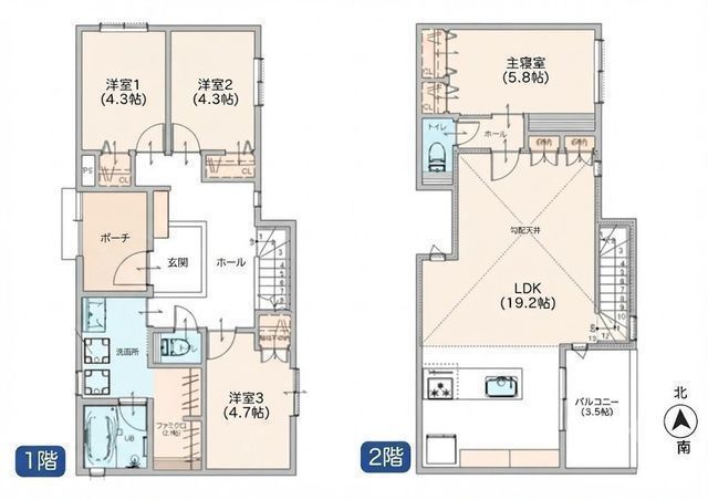 間取図/区画図:【内見できるモデルハウスあり!土地51坪以上の4LDKデザイナーズ住宅】カースペース2台可、お庭あり家事ラク設備と大容量のファミクロ広々玄関ホール