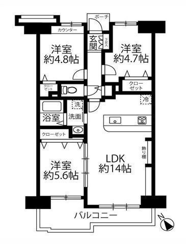 間取図/区画図:【内装リノベーション済みで即内覧できます!南西向きで陽当り良好な3LDK】食洗機や浴室乾燥機、エアコン1台付辻堂駅・藤沢駅・湘南台駅行きのバスも利用可能