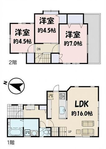 間取図/区画図:【北側幅員約27mの公道に接面した平坦地、城南建設施工の注文住宅】カースペース2台可約2帖の小屋裏収納あり小中学校が近く子育て世代にやさしい環境