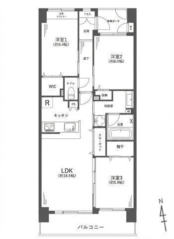 間取図/区画図:【内装リフォーム完了しました!南向き・前面建物なしで陽当り良好3LDK】藤沢本町駅平坦徒歩11分ペット飼育可能食洗機・浄水器・浴室乾燥機・WIC設置