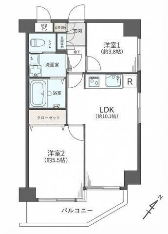 間取図/区画図:【5階・南東向きにつき陽当り良好な2LDK!駅まで平坦徒歩12分】水回り一新!食洗機・浄水器・浴室乾燥機完備周辺環境充実の暮らしやすい立地