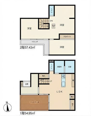 間取図/区画図:【ゆとりある敷地約51坪！ウッドデッキ付の2LDK】カースペース2台可ライフスタイルに応じて3LDKへ変更可能な設計全居室南向きのため陽当たり良好