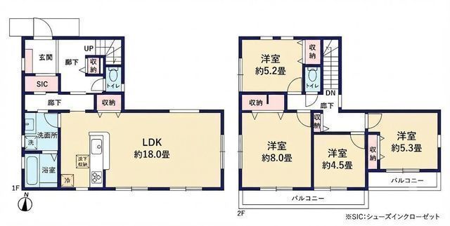 間取図/区画図:【R8.8月完成！敷地54坪以上のゆとりある4LDK！長期優良住宅認定】カースペース並列2台可能南向きの2面バルコニーと広いお庭につき陽当たり良好ぜひ一度ご覧ください！