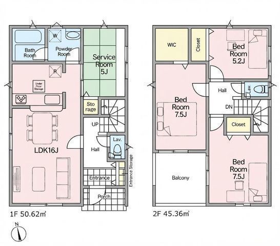 間取図/区画図:【内見できるモデルハウスあります！制震装置搭載＋住宅性能評価ダブル取得】客間に便利、1階に畳コーナー5.0帖設置全居室収納＋WICあり陽当たり良好