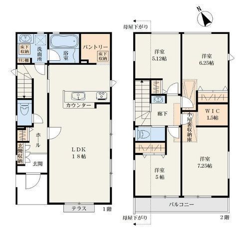 間取図/区画図:【南西側道路幅員7.2ｍで陽当たり良好！土地37坪以上の区画整理地内】カースペース並列2台可WIC・パントリー・リネン庫・小屋裏収納など収納豊富