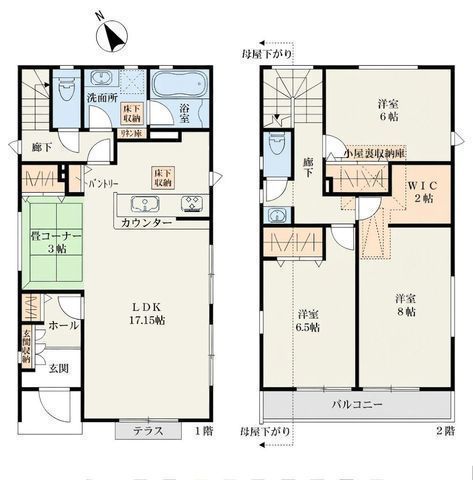 間取図/区画図:【南西側道路幅員7.2mで陽当たり良好!土地37坪以上の区画整理地内】カースペース並列2台可WIC・パントリー・リネン庫・小屋裏収納など収納豊富