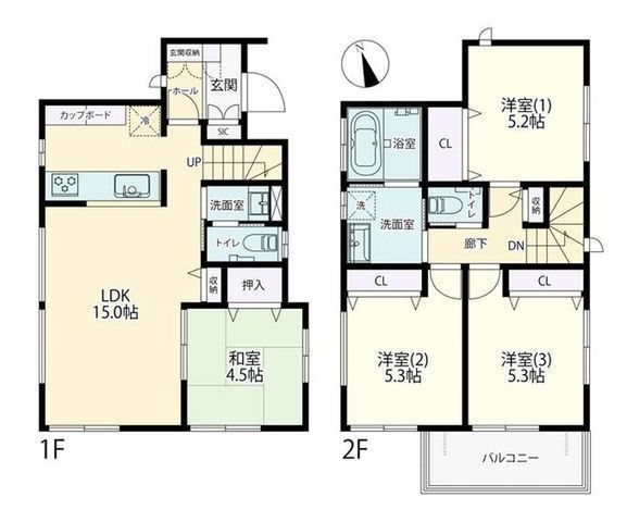 間取図/区画図:【2019年築の外壁ALC採用・注文建築。南向きで全室２面採光の4LDK】カースペース並列2台可南向きで全室2面採光のため陽当たり良好収納豊富です