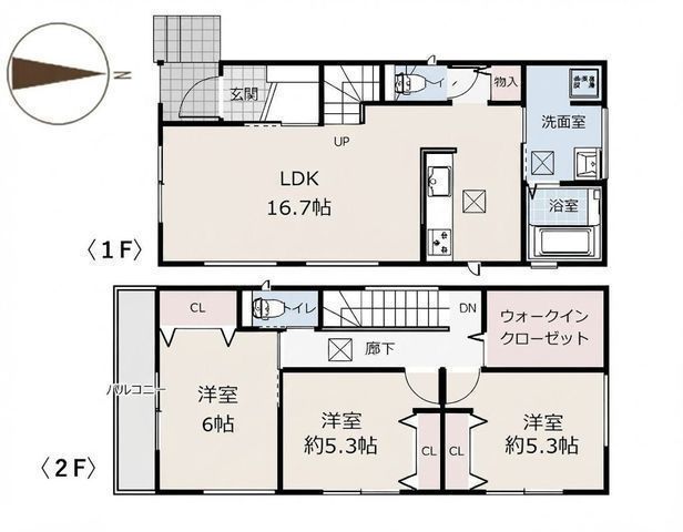 間取図/区画図:【南向きリビングで陽当たり良好な3LDK！大容量のWICあり】カースペース1台あり水回り家事動線に配慮した設計広めの洗面脱衣所に乾太くん付き！