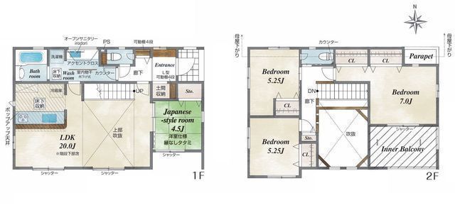 間取図/区画図:【敷地50坪以上・南側6ｍ公道に面する4LDK！モデルハウスあります】大型吹抜付20帖LDKカースペース並列2台可多用途に利用できるお庭あり