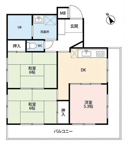 間取図/区画図:【南向き角部屋仕様のため陽当たり・通風良好の3DK！】南向きのL字型バルコニーに面した明るく開放感のある空間日々の買い物や通院に便利な施設が徒歩圏内