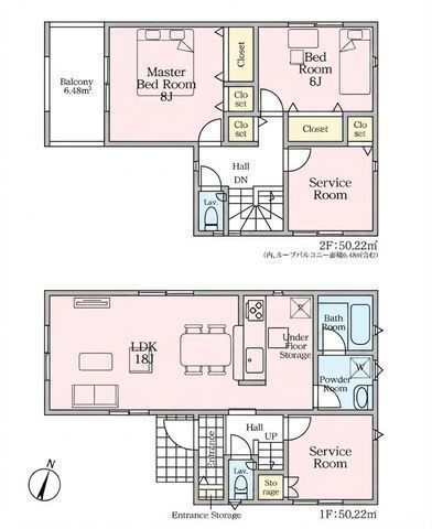 間取図/区画図:【完成済のためいつでも見学可です!閑静な住宅街に佇む全2棟】水回りの家事動線に配慮した設計買い物に便利な周辺環境住宅性能評価ダブル取得+制震装置搭載