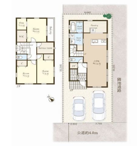 間取図/区画図:【令和元年築で建物綺麗！南西道路で陽当り良好！駐車場並列3台可能です！】太陽光発電システム搭載！スーパー・ドラッグストアまで徒歩2分！
