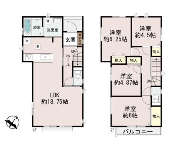 間取図/区画図:【前面道路幅10m超の開放感!敷地45坪以上のゆとりある4LDK】カースペース2台可南東向きのお庭とバルコニーのため陽当たり良好家事動線重視の間取り