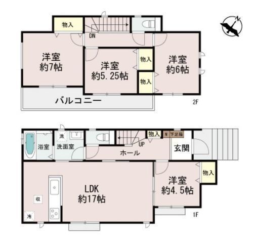 間取図/区画図:【前面道路幅10m超の開放感!敷地45坪以上のゆとりある4LDK】カースペース2台可南東向きのお庭とバルコニーのため陽当たり良好家事動線重視の間取り