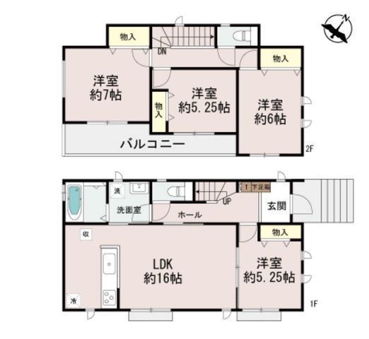 間取図/区画図:【前面道路幅10m超の開放感!敷地45坪以上のゆとりある4LDK】カースペース2台可南東向きのお庭とバルコニーのため陽当たり良好家事動線重視の間取り