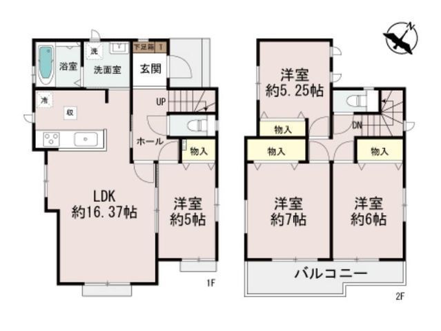 間取図/区画図:【前面道路幅10m超の開放感!敷地45坪以上のゆとりある4LDK】カースペース2台可南東向きのお庭とバルコニーのため陽当たり良好家事動線重視の間取り