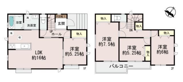 間取図/区画図:【前面道路幅10m超の開放感!敷地45坪以上のゆとりある4LDK】カースペース2台可南東向きのお庭とバルコニーのため陽当たり良好家事動線重視の間取り
