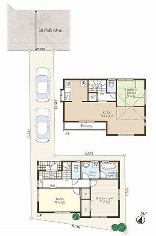 間取図/区画図:【2階リビングで風通しよく陽当り良好！駐車場2台可能です！】LDKには4.9帖の大型グルニエ！南側建物なく明るく解放感あります！
