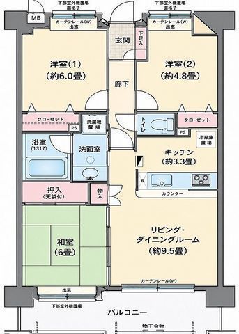 間取図/区画図:【5階部分南向きにつき陽当り眺望通風良好!駐車場1台無料!】コンビニ徒歩2分、病院徒歩4分、ドラッグストア徒歩7分で生活便利な立地です!