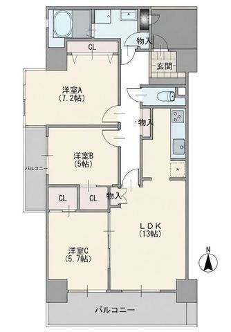 間取図/区画図:【2026年8月リフォーム完了の3LDK角部屋マンション!内見できます!】オートロック完備南向き2面バルコニーで陽当たり良好水回り一新!浴室TV付き