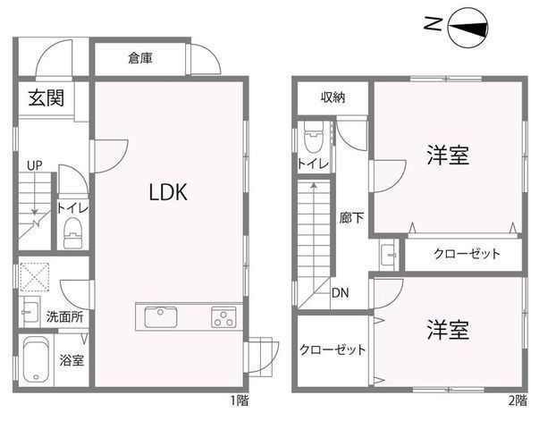 間取図/区画図:【土地面積40坪以上のゆとりある敷地！陽当たり通風良好な3方角の2LDK】カースペース2台可隣接地わずか1つの開放感新規リペア＆クリーニング完了