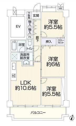 間取図/区画図:【2026年12月リフォーム完成予定の3LDK!水回り全新品交換予定】犬・猫1匹飼育可能オートロックや宅配BOX、エレベーターありいつでも見学可能♪