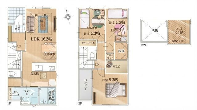 間取図/区画図:【長後駅まで平坦徒歩6分！モデルハウスご用意♪ロフト付き3LDK】カースペース並列2台可家事動線に配慮した設計吹抜や食洗機、WICなど充実した設備