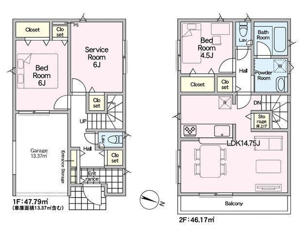 間取図/区画図:【住宅性能評価ダブル取得&制震装置搭載の2SLDK!モデルハウスご用意♪】ビルトインガレージ1台家事動線に配慮した設計南側隣地通路のため陽当たり良好