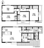 間取図/区画図:【即内覧可能なモデルハウスございます！駐車場並列3台可能！】約8帖の中庭テラス、大型パントリー！EVコンセントや宅配BOX付きのデザイナーズハウス！