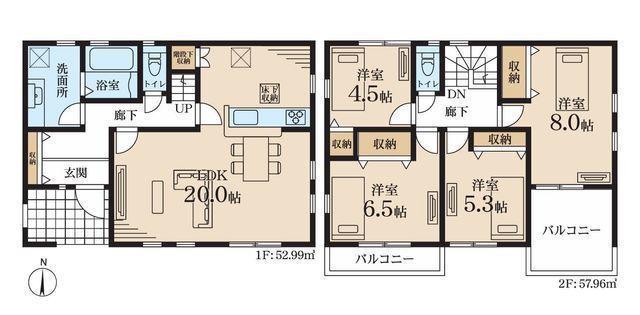 間取図/区画図:【敷地51坪以上のゆとりある4LDK!内見できるモデルハウスあり♪】カースペース並列2台可南向きのバルコニーとお庭につき陽当たり良好長期優良住宅物件