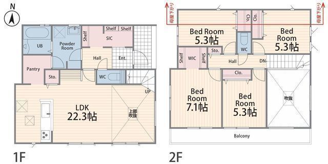 間取図/区画図:【敷地49坪以上!カースペース3台可能!室内内覧可能です♪】善行駅徒歩14分の閑静な住宅地WIC・SIC・パントリーを備えた収納充実ゆとりある間取り