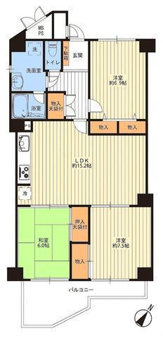 間取図/区画図:【内装リフォーム済3LDK！南東向き・陽当たり眺望良好！いつでも内覧可♪】ペット飼育可　エアコン新規1台付き　全室6帖以上トレアージュ白旗へ徒歩約10分