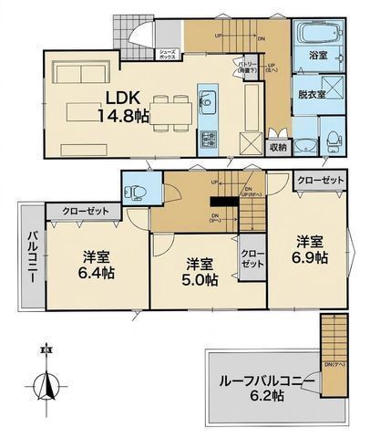 間取図/区画図:【座間駅徒歩3分！全室南向きのため陽当たり良好！モデルハウスあり♪】カースペースあり　広いお庭あり6.2帖のルーフバルコニー完備スーパー徒歩5分圏内