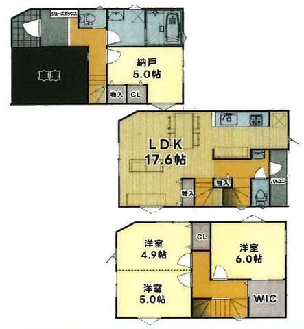 間取図/区画図:【すぐに内覧できるモデルハウスございます!前面道路広く解放感ある立地!】全室二面採光で解放感ある間取です!コンビニ・スーパー・小中学校徒歩10分以内!