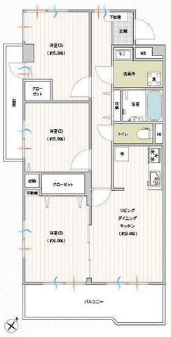 間取図/区画図:【2026年9月リノベーション済で即内覧可能!】キッチンや洗面台を新規交換、エアコン設置!南東向きで陽当たり良好!小学校やコンビニ等徒歩7分以内!