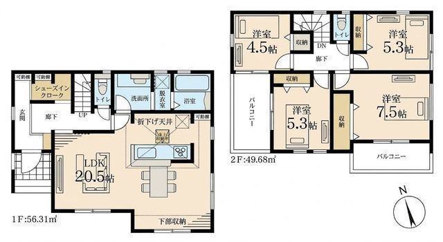 間取図/区画図:【敷地約39坪・長期優良住宅の認定物件!モデルハウスあり♪】カースペース並列2台可全室2面採光&2面バルコニーで陽当たり良好広い玄関に大容量のSIC