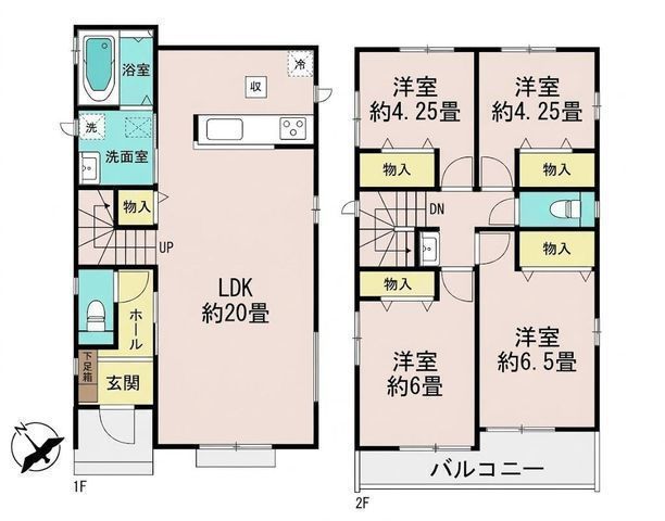 間取図/区画図:【六会日大前駅徒歩4分!敷地約39坪の長期優良住宅4LDK!内覧可♪】カースペース並列2台可南向きバルコニー&お庭のため陽当たり良好家事動線重視 2階にセカンド洗面あり