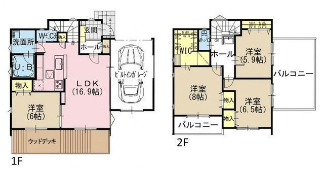 間取図/区画図:【寒川駅徒歩4分!4LDK+ガレージハウス&ルーフバルコニー!内覧案内いたします】駐車スペース3台可 南庭とウッドデッキ付陽当たり通風良好 生活動線重視