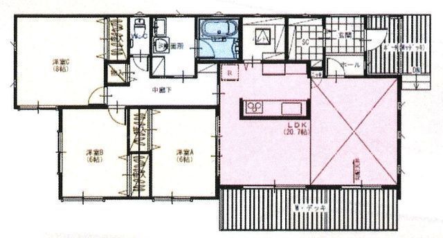 間取図/区画図:【即内覧できるモデルハウスございます！土地81坪、東南道路で陽当り良好！】LDK20帖、南西側ウッドデッキ＆庭！コンビニ、スーパーなど徒歩9分以内！