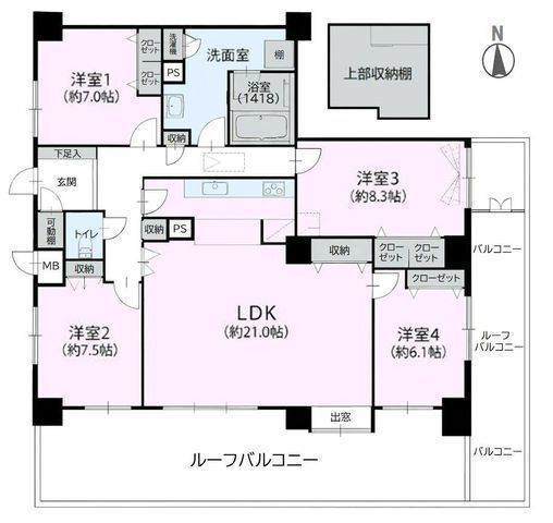 間取図/区画図:【最上階・南向きの角部屋!開放感のあるルーフバルコニーを備えた広々とした4LDK】全居室収納+小屋裏収納完備食洗機・浴室乾燥機完備 オール電化仕様