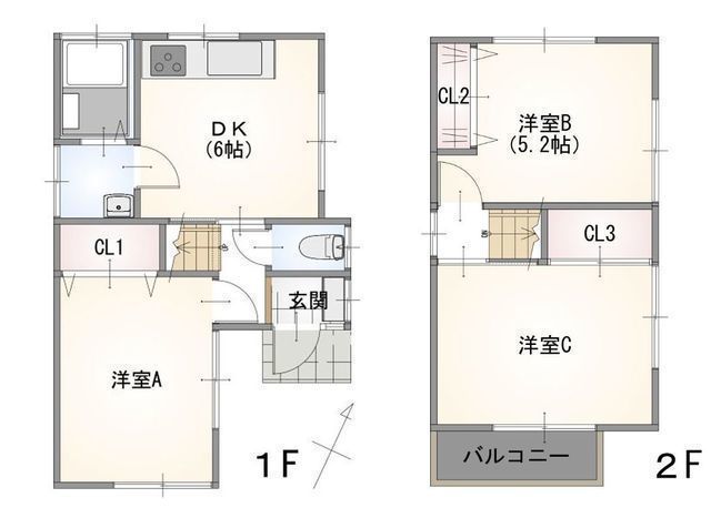 間取図/区画図:【令和8年12月内外装リフォーム完了予定!コンパクトながら機能的な3DK】水回り一新で快適生活 各居室に収納確保駐車場あり 南側道路につき陽当たり良好